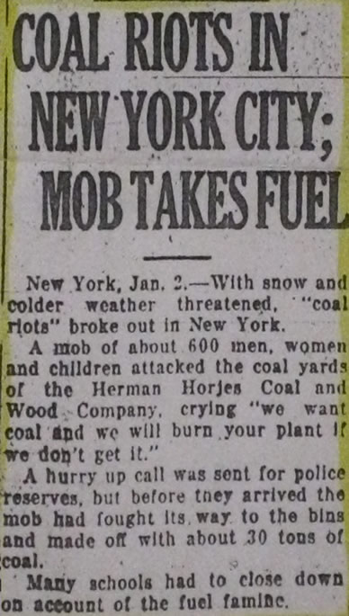 Coal Riots in New York City Mob Takes Fuel January 2 1918